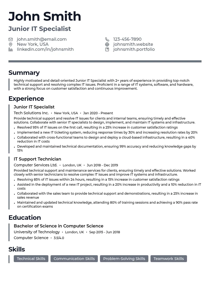 Junior IT Specialist resume example