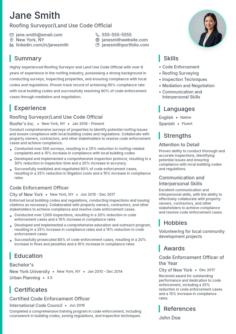 Roofing Surveyor/Land Use Code Official resume example