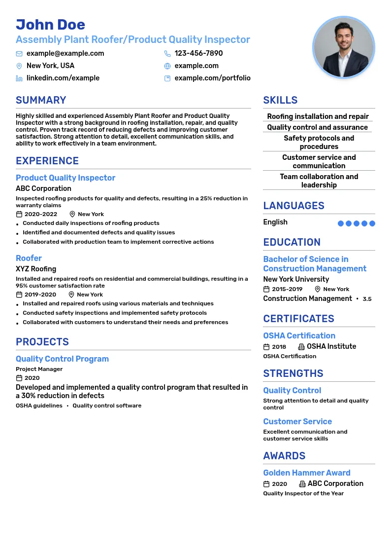 Assembly Plant Roofer/Product Quality Inspector resume example