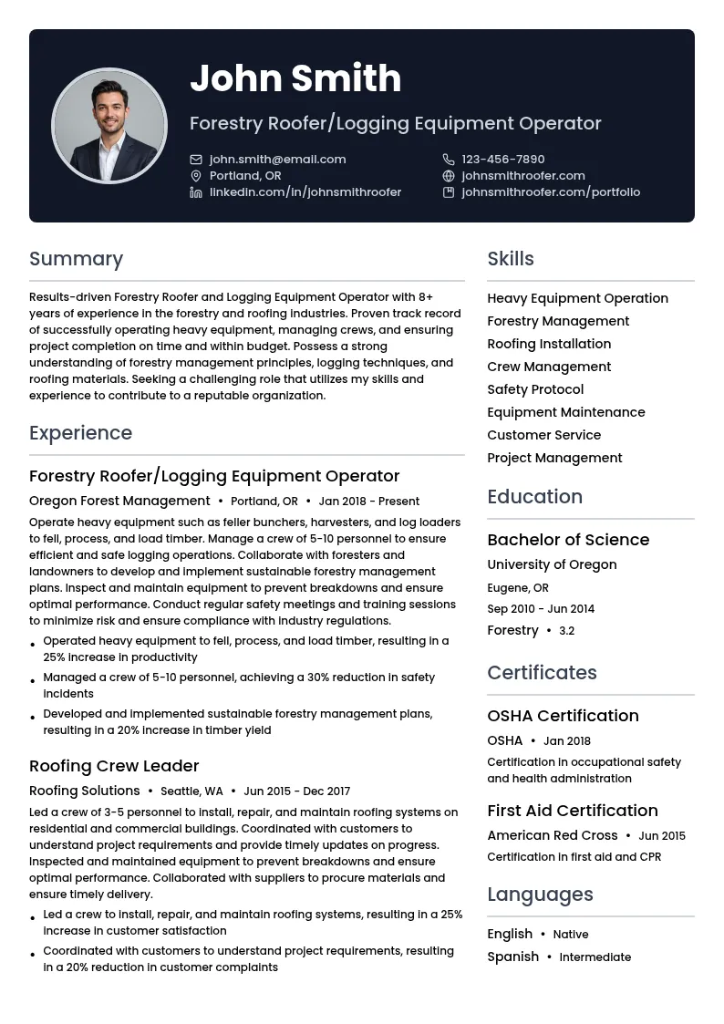 Forestry Roofer/Logging Equipment Operator   resume example