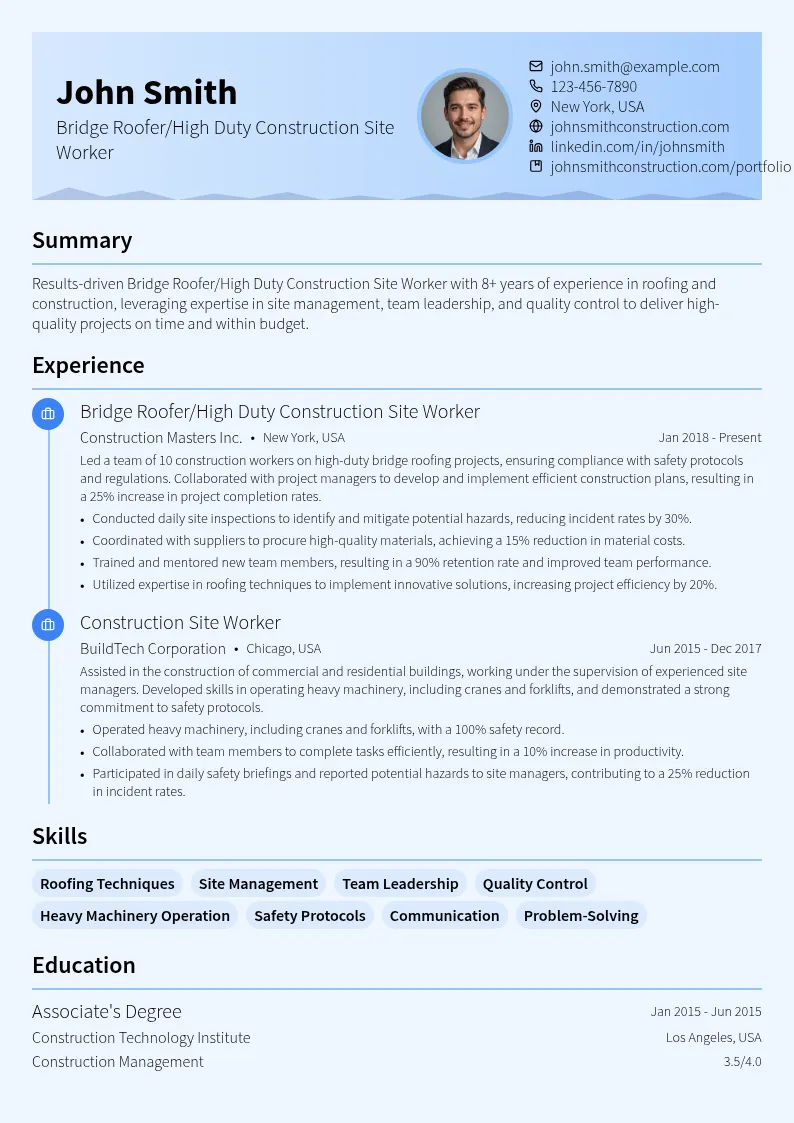 Bridge Roofer/High Duty Construction Site Worker resume example
