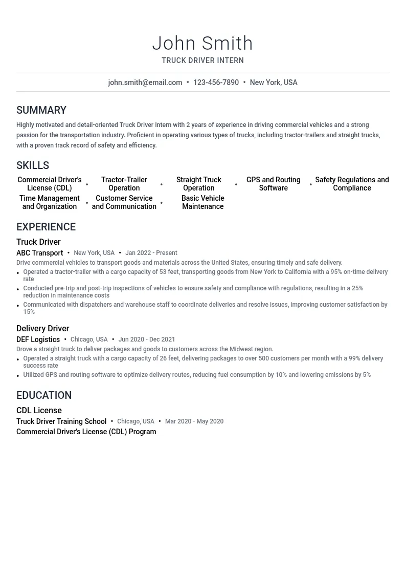 Truck Driver Intern resume example