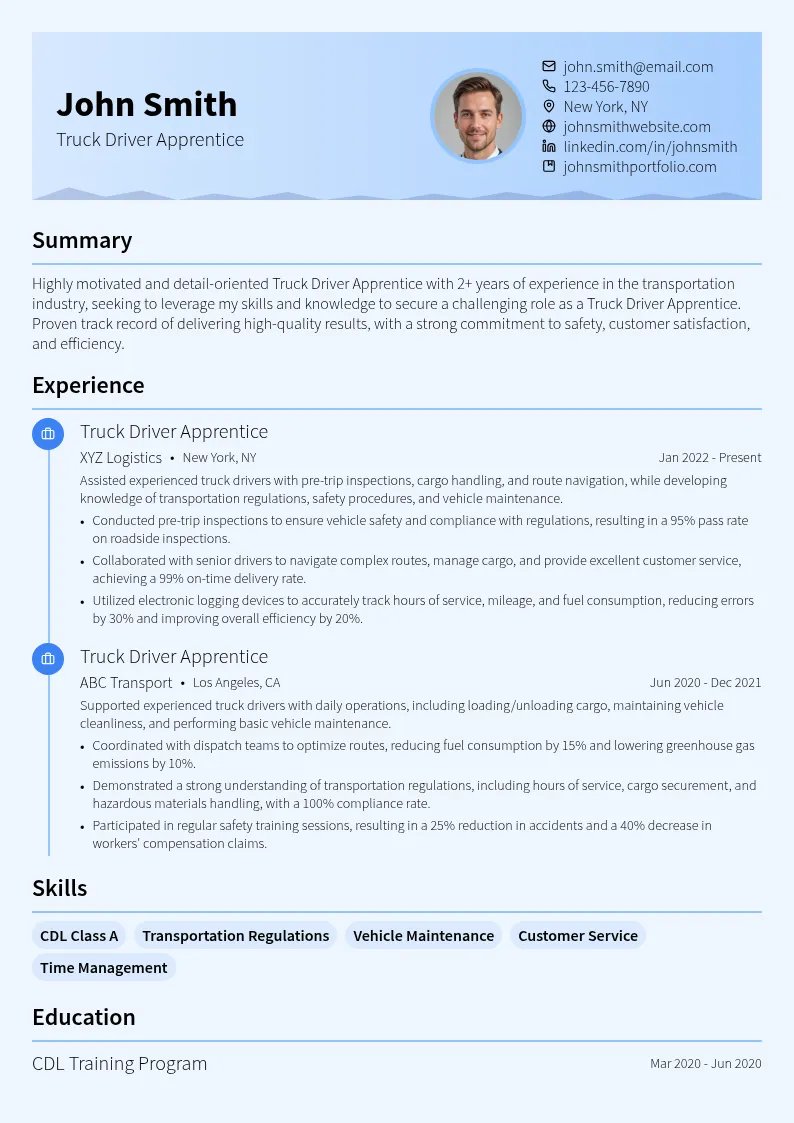 Truck Driver Apprentice resume example