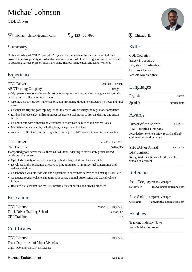 CDL Driver resume example