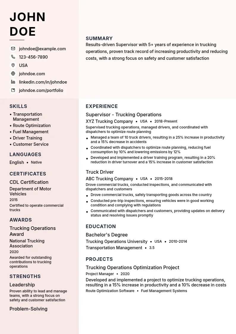 Supervisor - Trucking Operations resume example