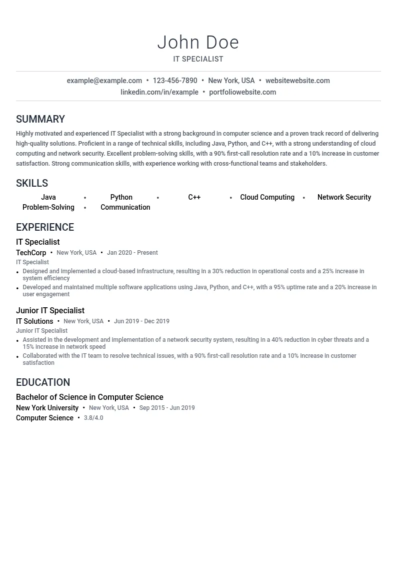 IT Specialist resume example