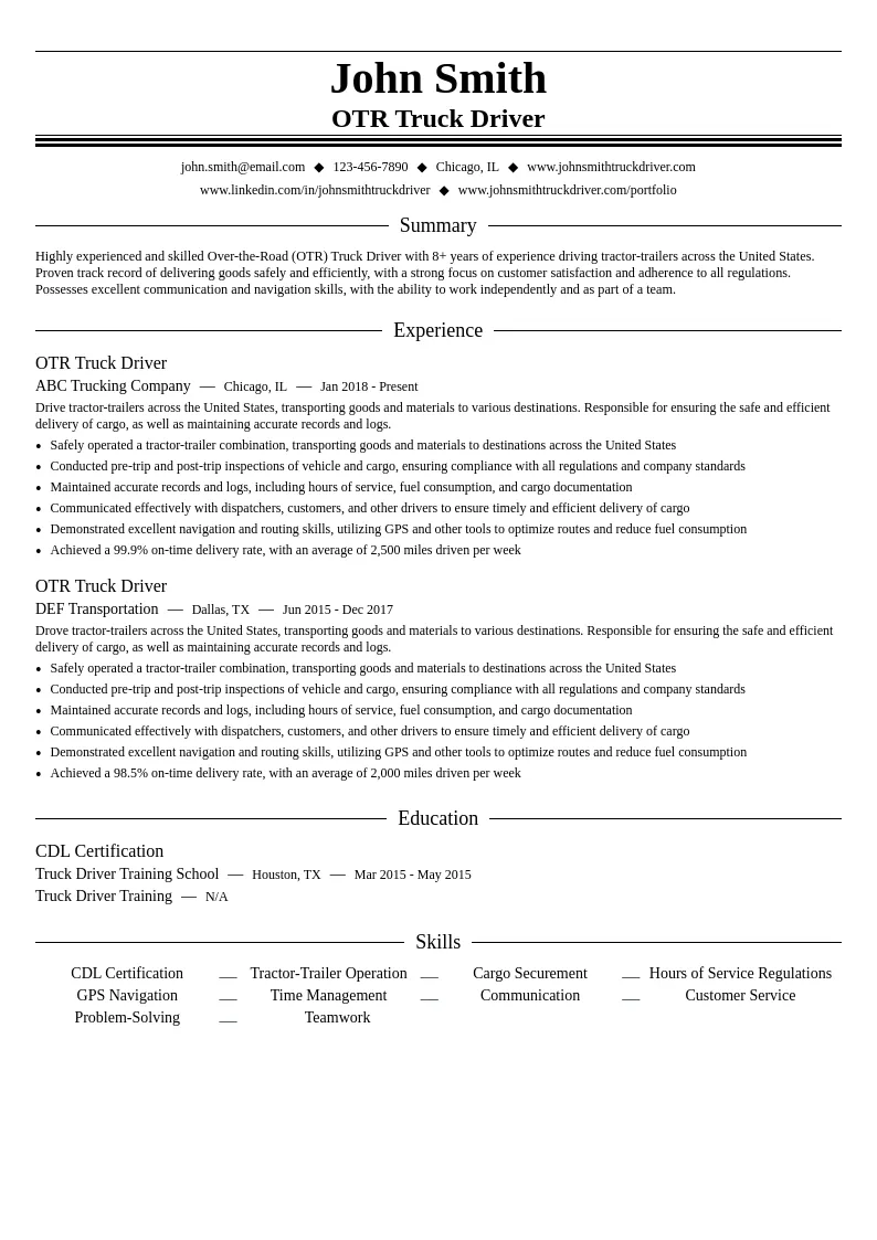 Over-the-Road (OTR) Truck Driver resume example