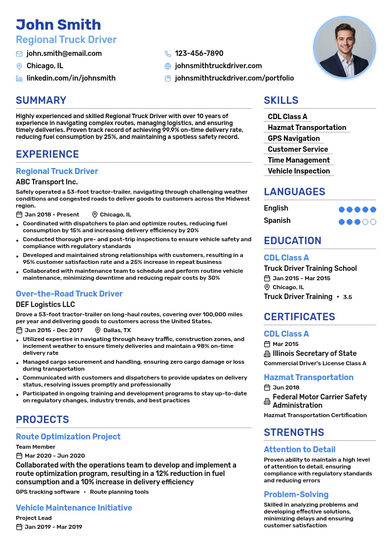Regional Truck Driver resume example