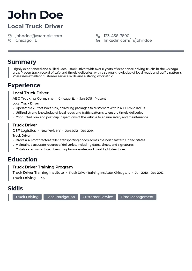 Local Truck Driver resume example