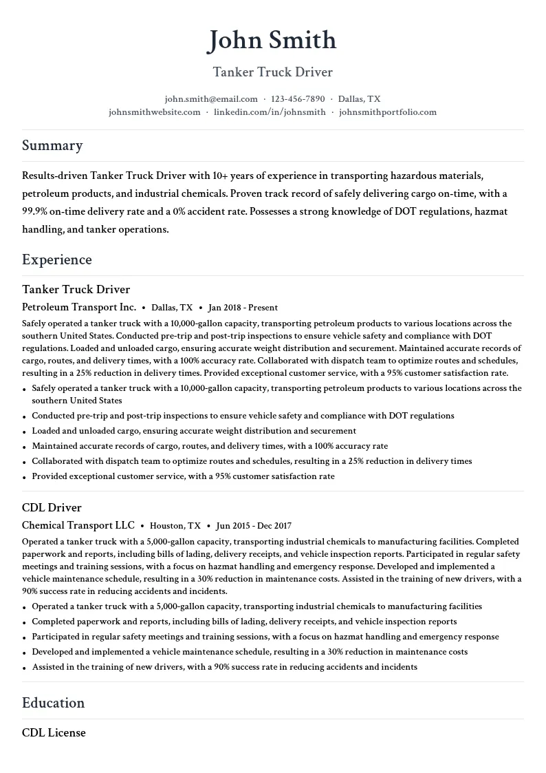 Tanker Truck Driver resume example