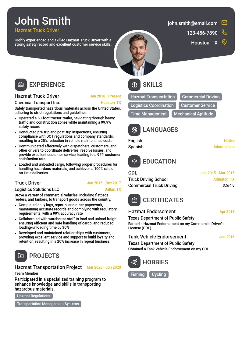 Hazmat Truck Driver resume example
