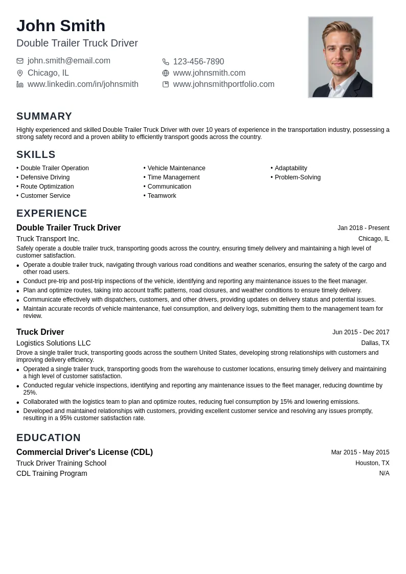 Double Trailer Truck Driver resume example