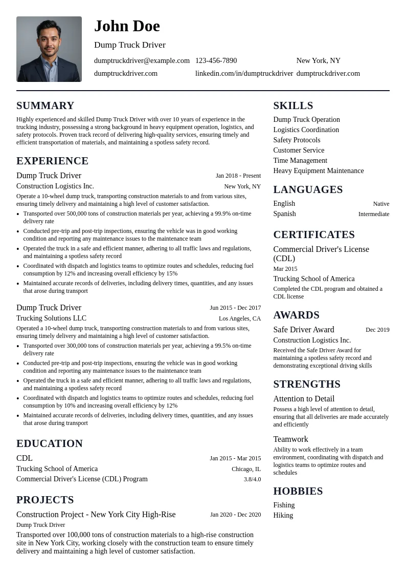 Dump Truck Driver resume example