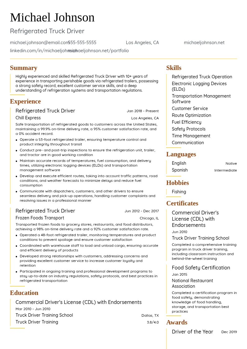 Refrigerated Truck Driver resume example