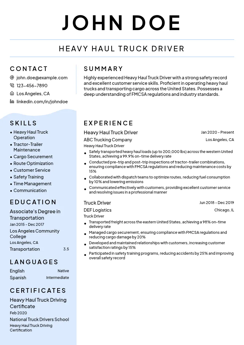 Heavy Haul Truck Driver resume example