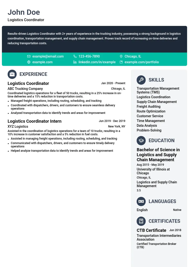 Logistics Coordinator - Trucking resume example