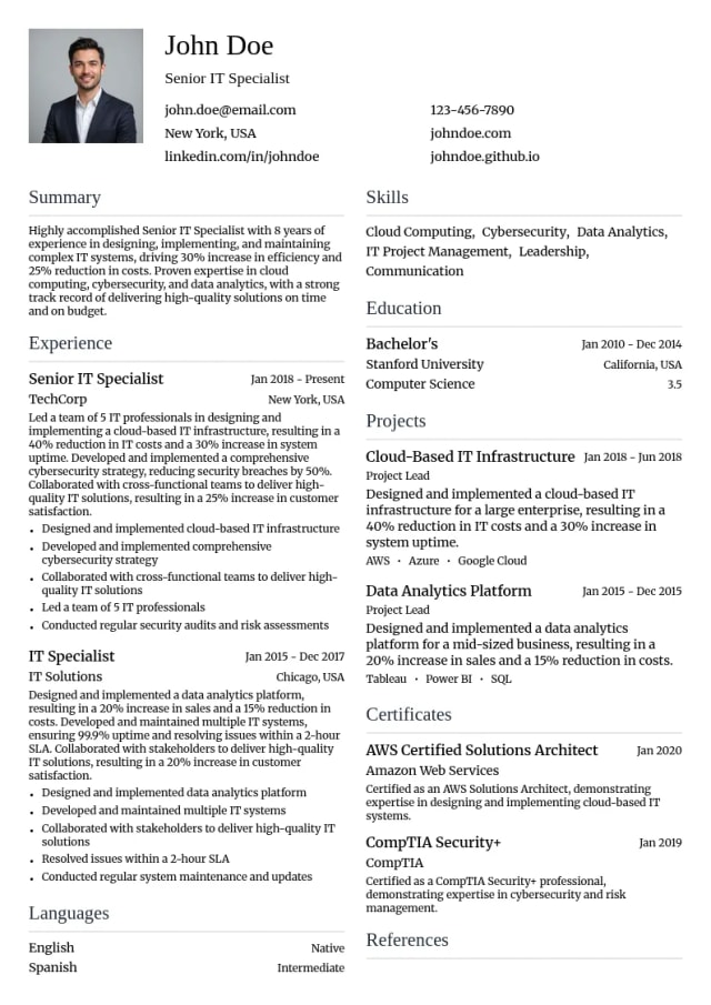Senior IT Specialist resume example