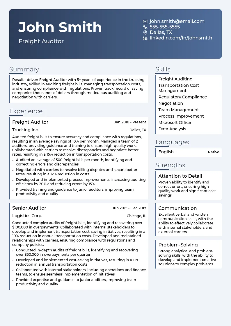 Freight Auditor - Trucking resume example
