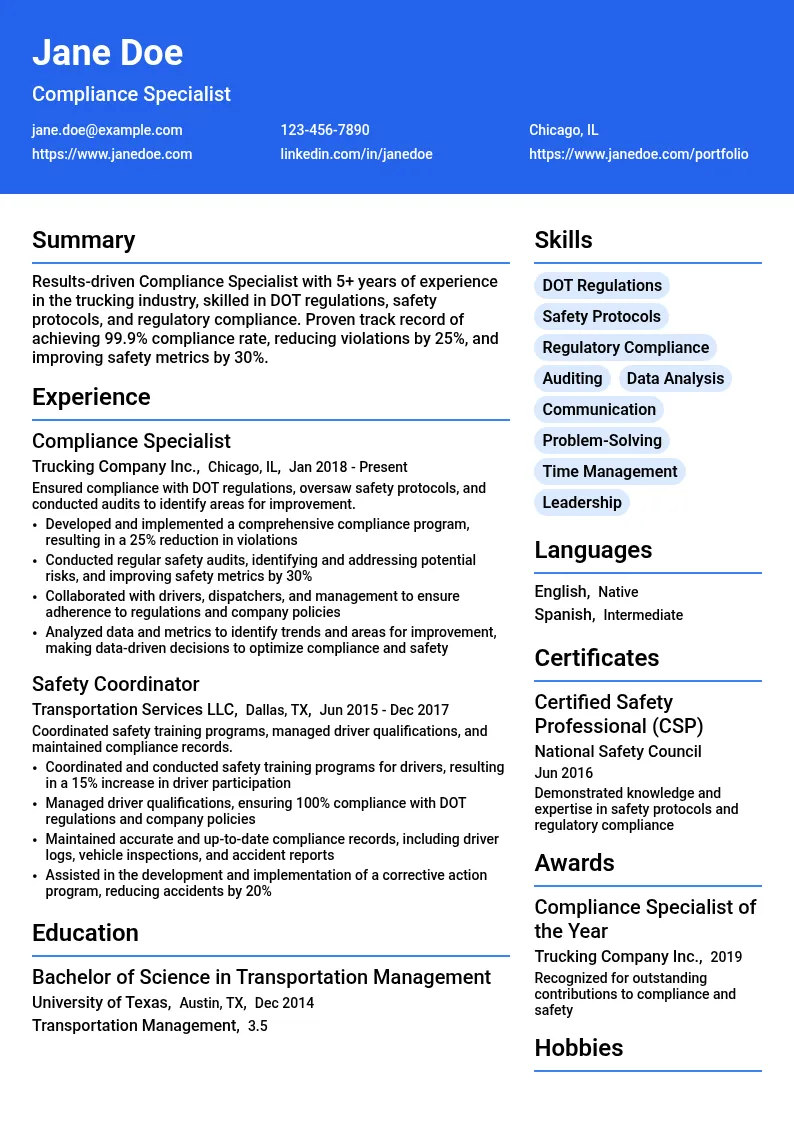Compliance Specialist - Trucking resume example