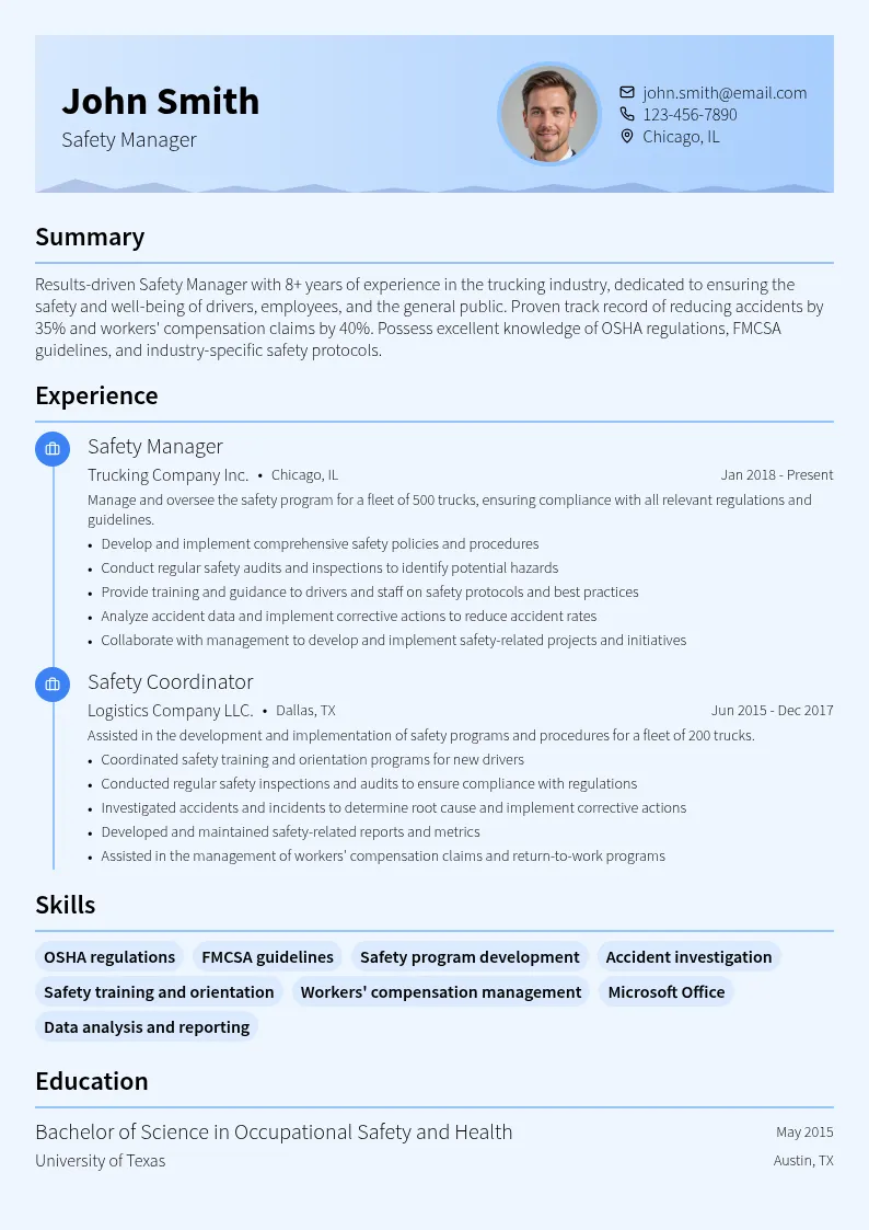 Safety Manager - Trucking resume example