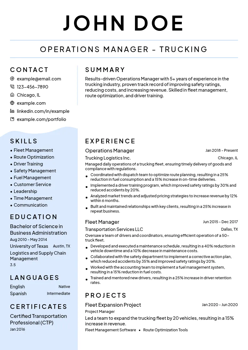 Operations Manager - Trucking resume example