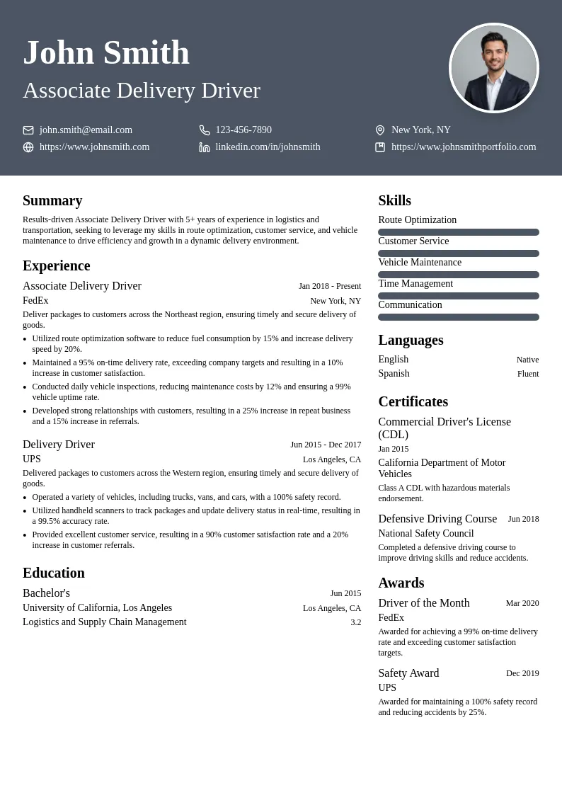 Associate Delivery Driver resume example