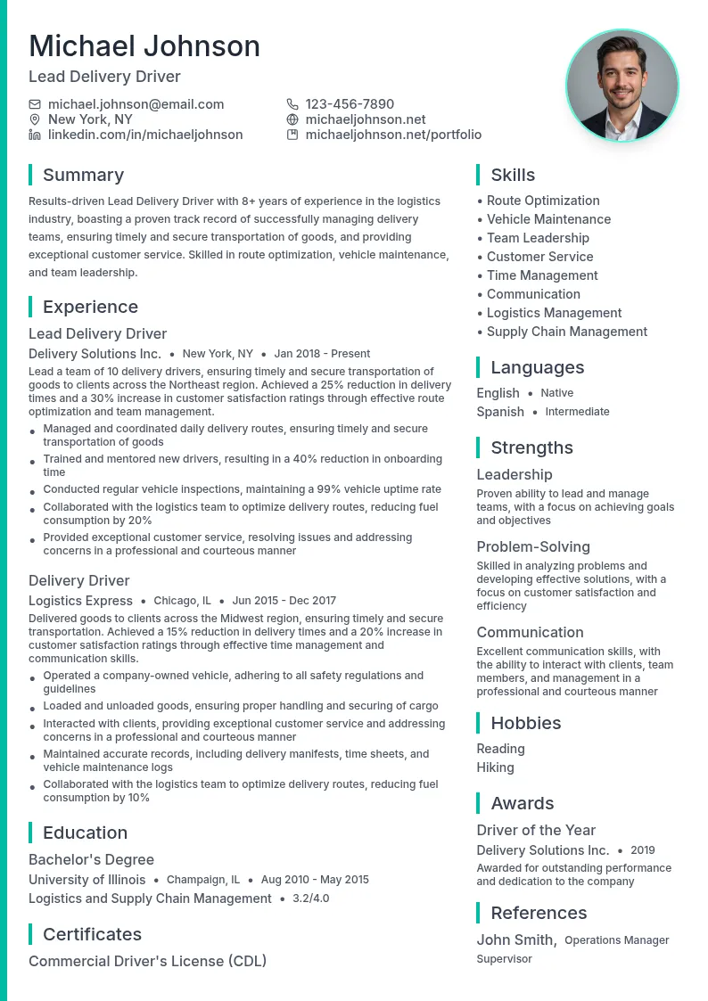 Lead Delivery Driver resume example