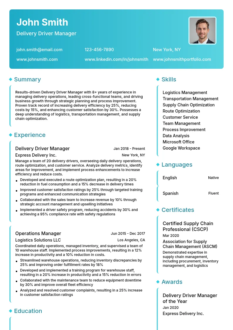 Delivery Driver Manager resume example
