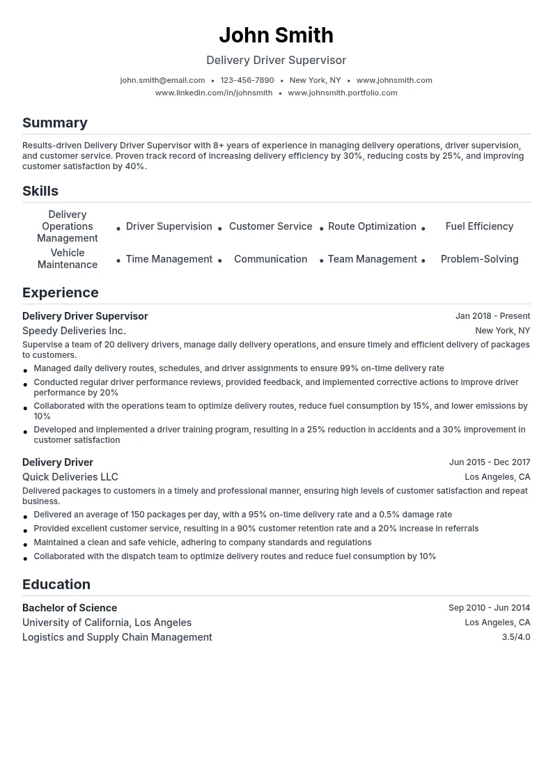 elivery Driver Supervisor resume example