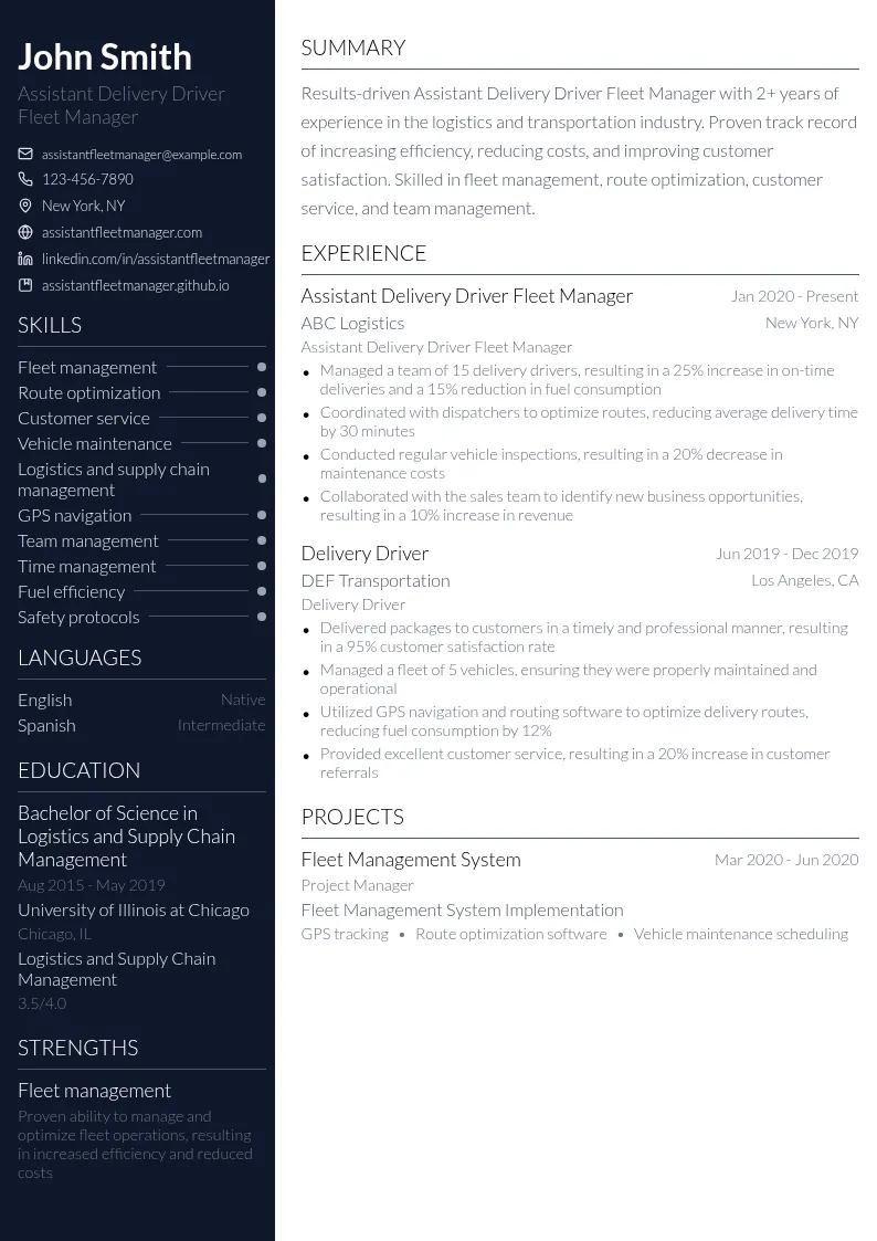 Assistant Delivery Driver Fleet Manager resume example