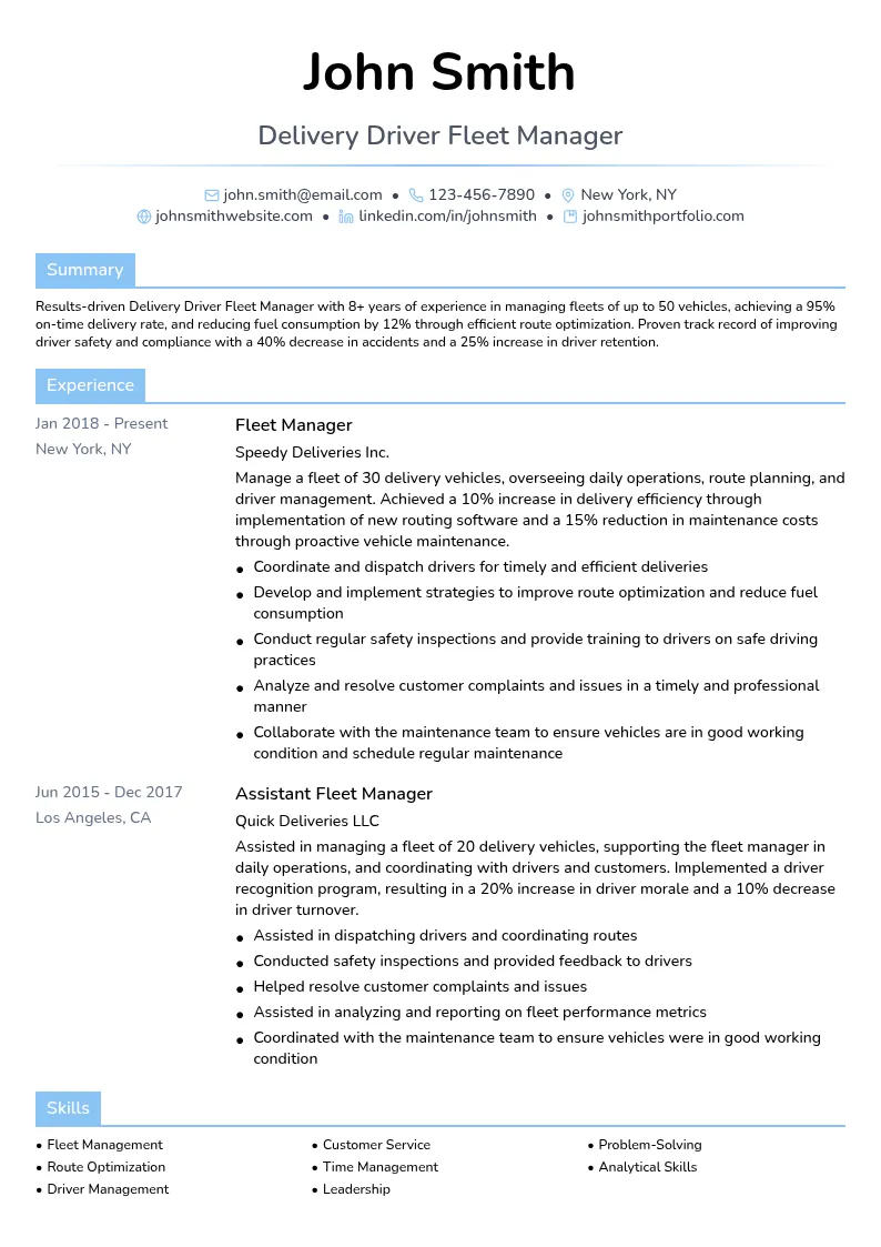 Delivery Driver Fleet Manager resume example