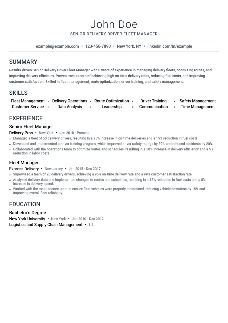 Senior Delivery Driver Fleet Manager resume example