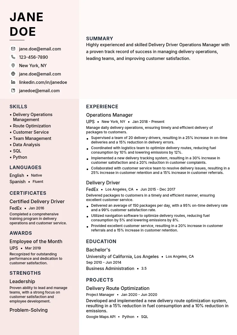 Delivery Driver Operations Manager resume example