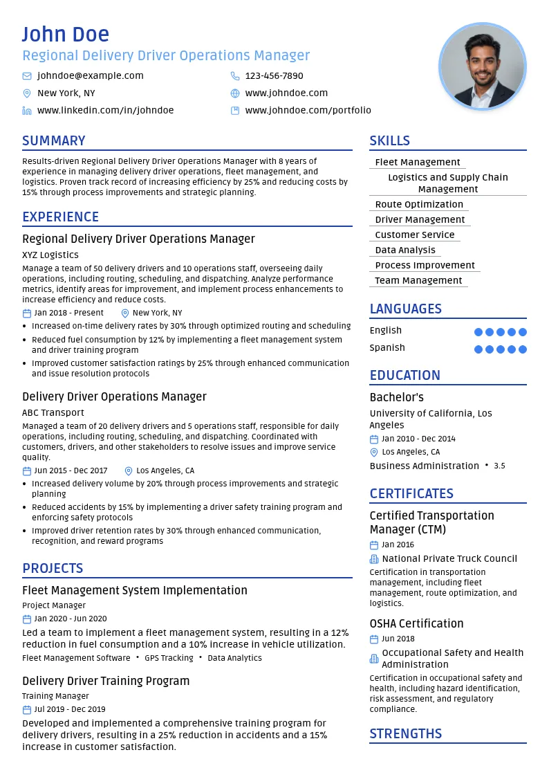 Regional Delivery Driver Operations Manager resume example