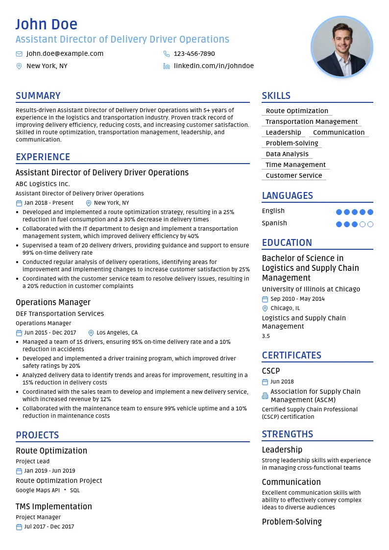 Assistant Director Delivery Driver Operations resume example