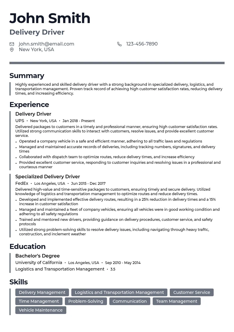 Specialized Delivery resume example