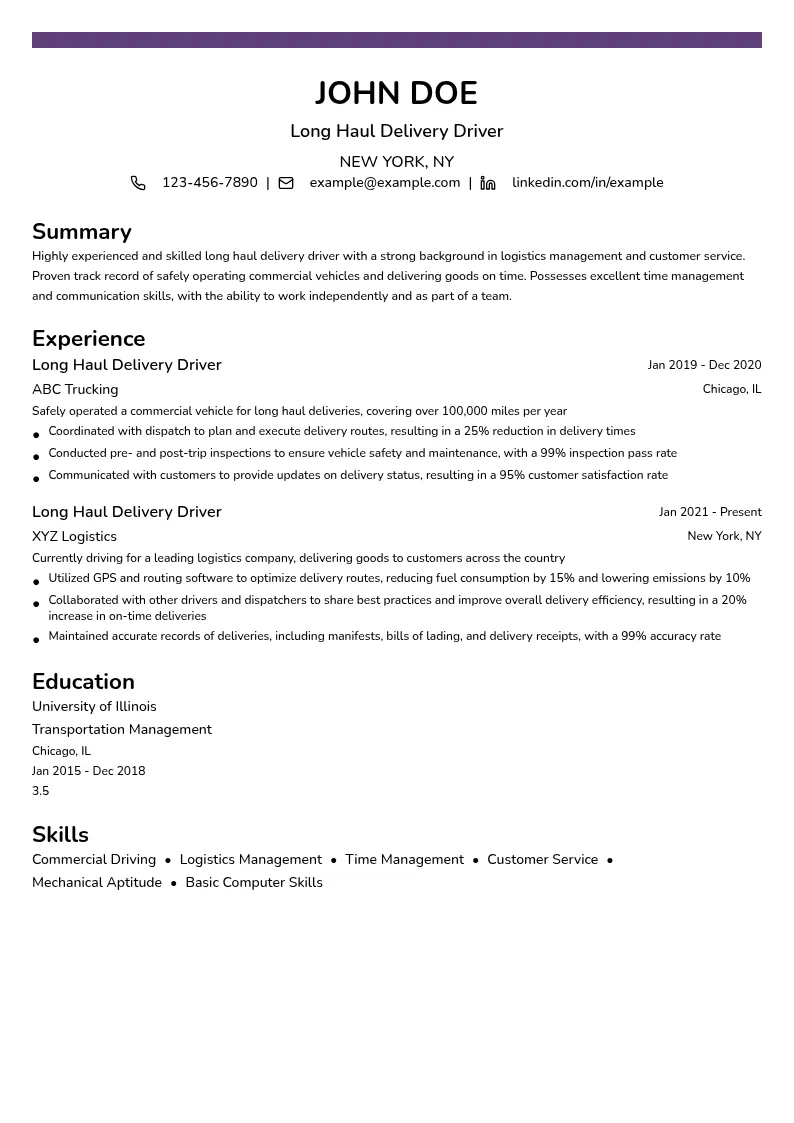 Long Haul Delivery resume example