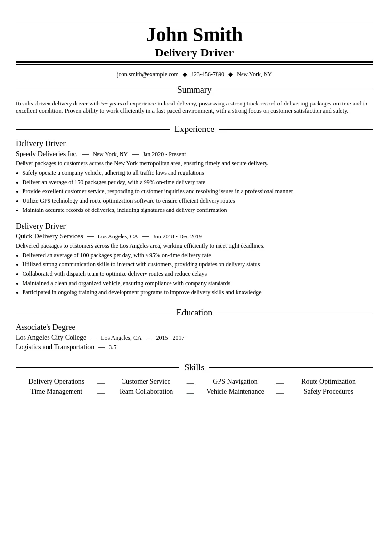 Local Delivery resume example