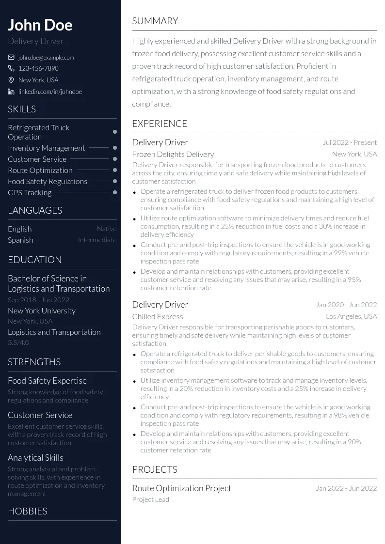 Frozen Food Delivery resume example