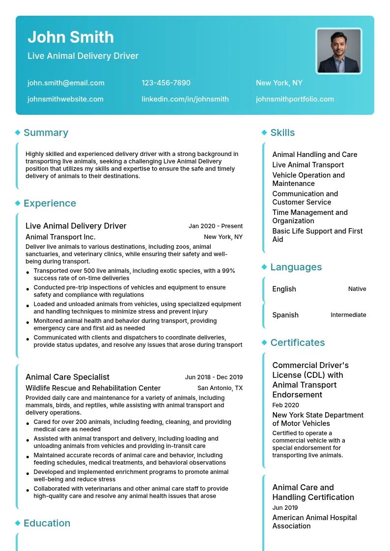 Live Animal Delivery resume example