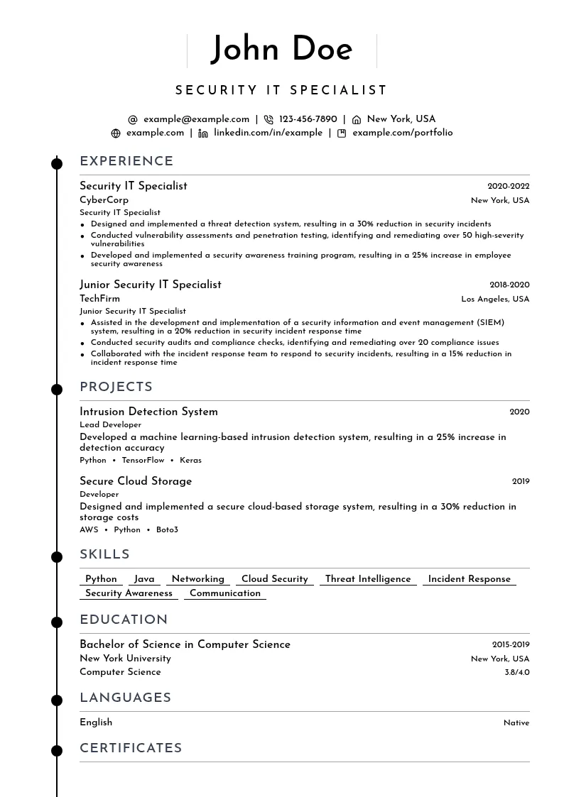 Security IT Specialist resume example