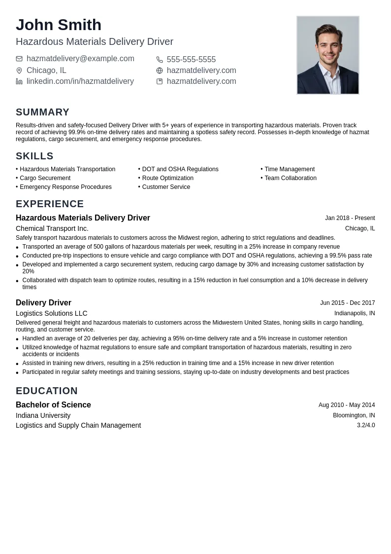 Hazardous Materials Delivery resume example