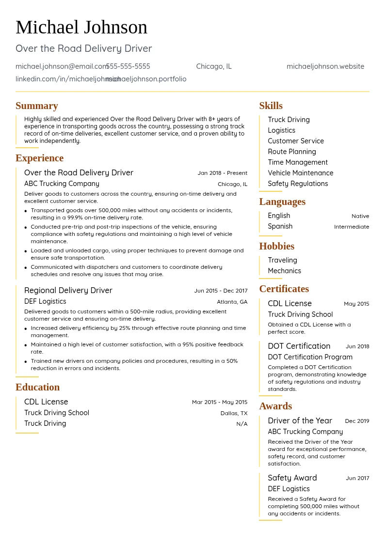 Over the Road Delivery resume example