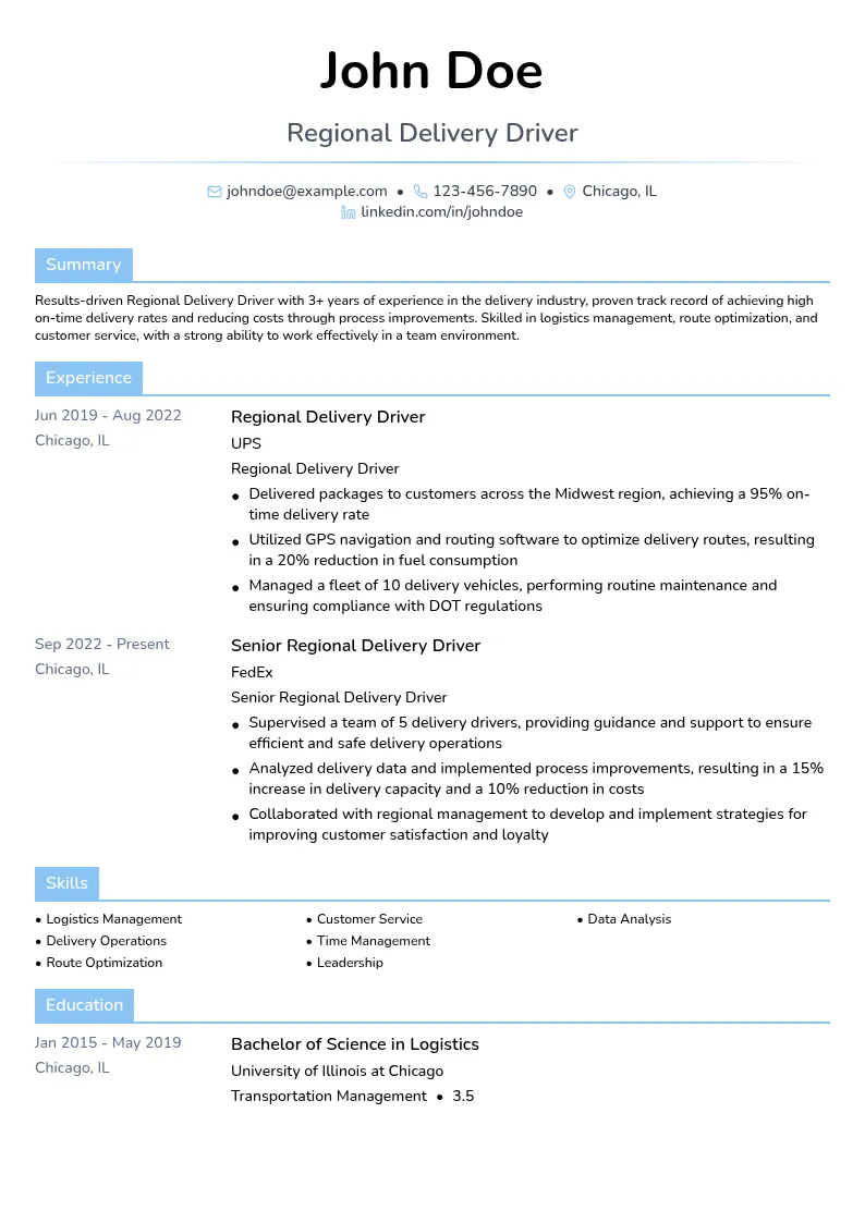 Regional Delivery resume example