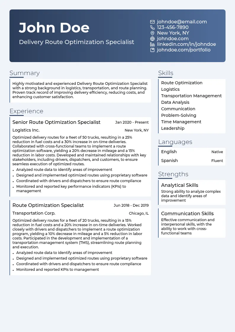 Delivery Route Optimization Specialist resume example
