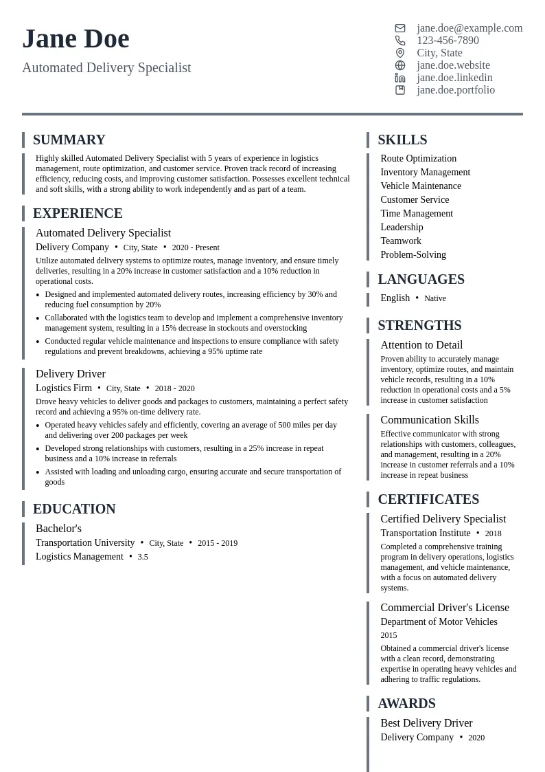 Automated Delivery Specialist resume example
