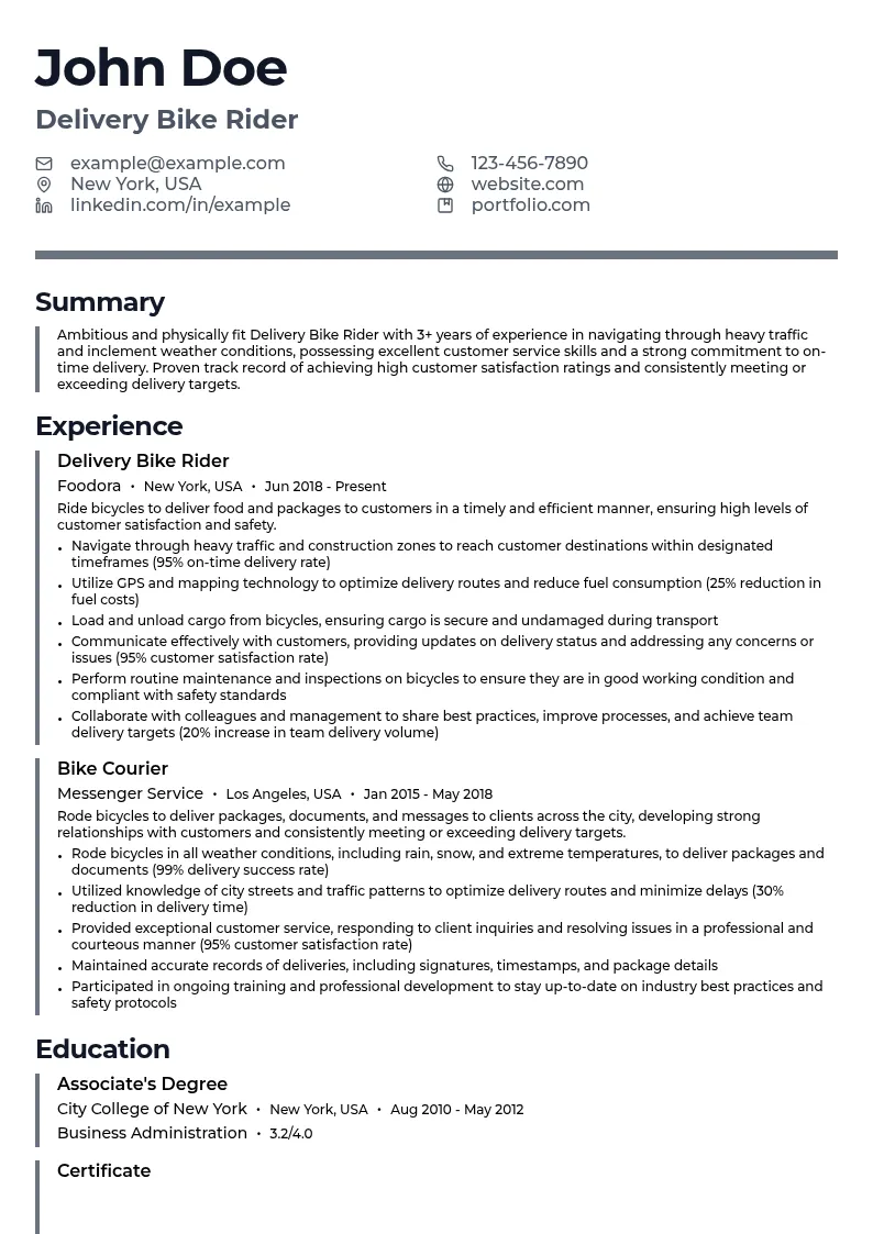 Delivery Bike Rider resume example