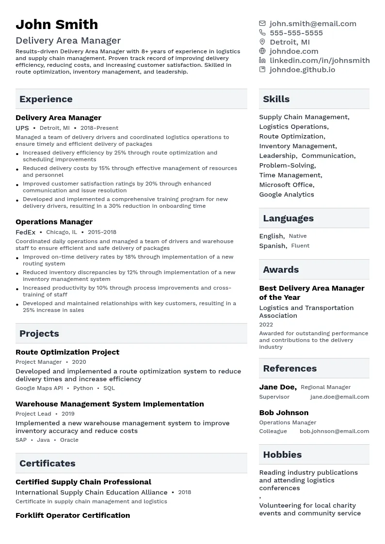 Delivery Area Manager resume example