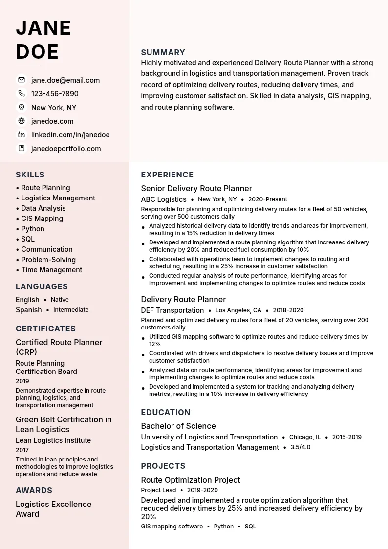 Delivery Route Planner resume example