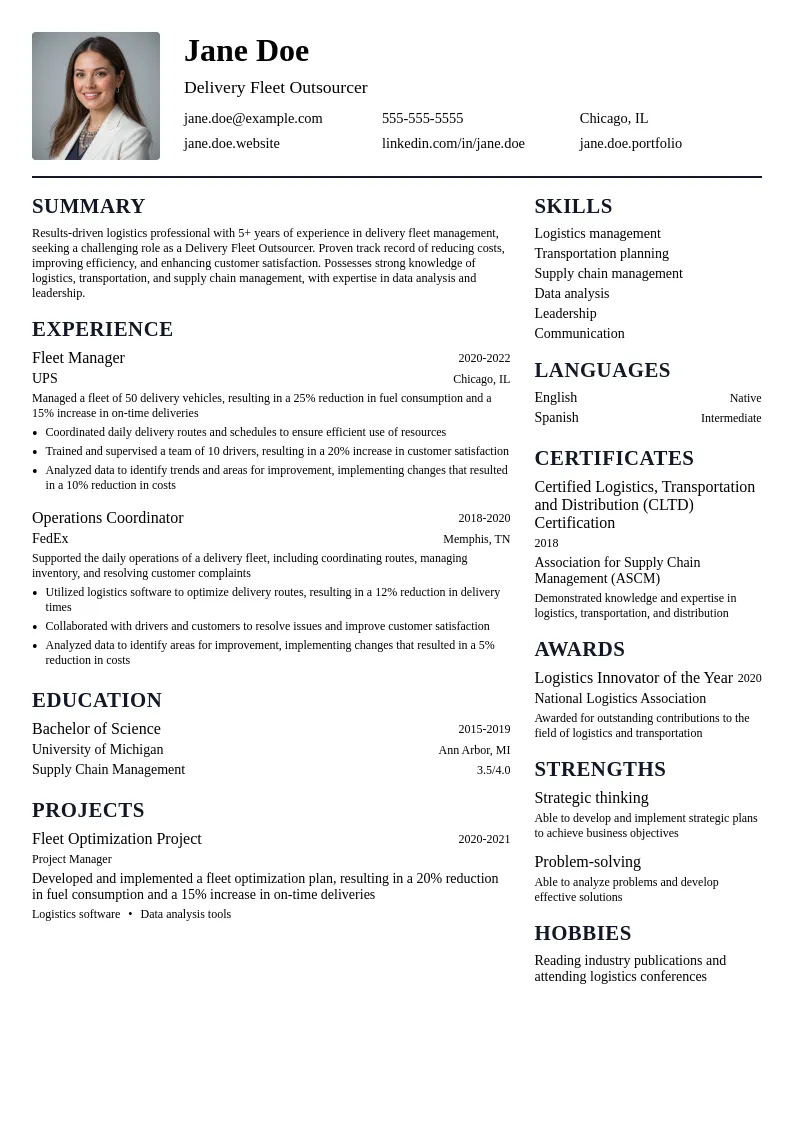 Delivery Fleet Outsourcer resume example